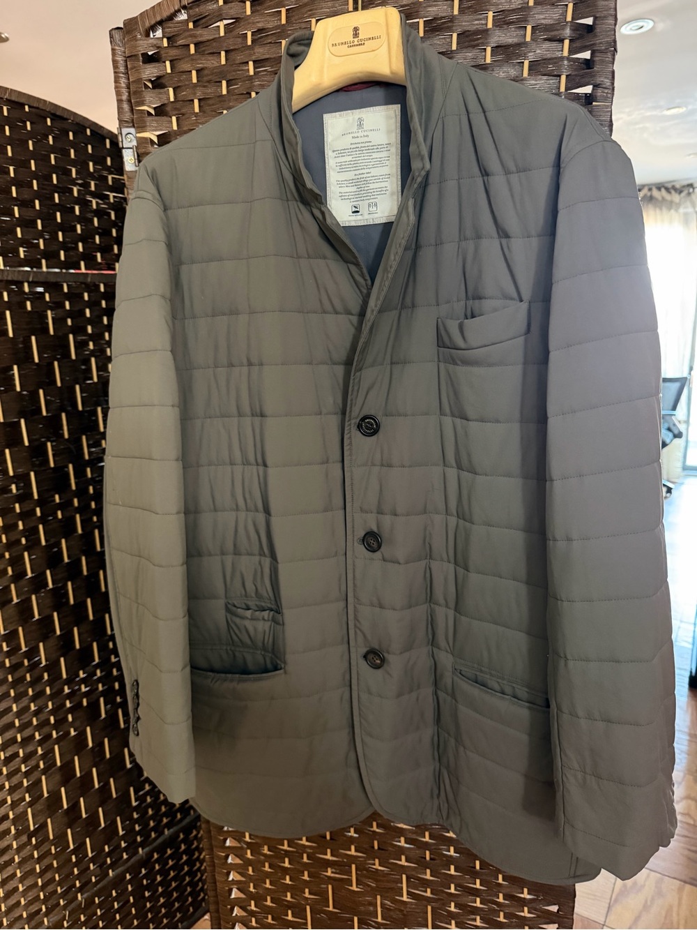 Brunello Cucinelli Men’s Quilted Lightweight Jacket in Olive Gray